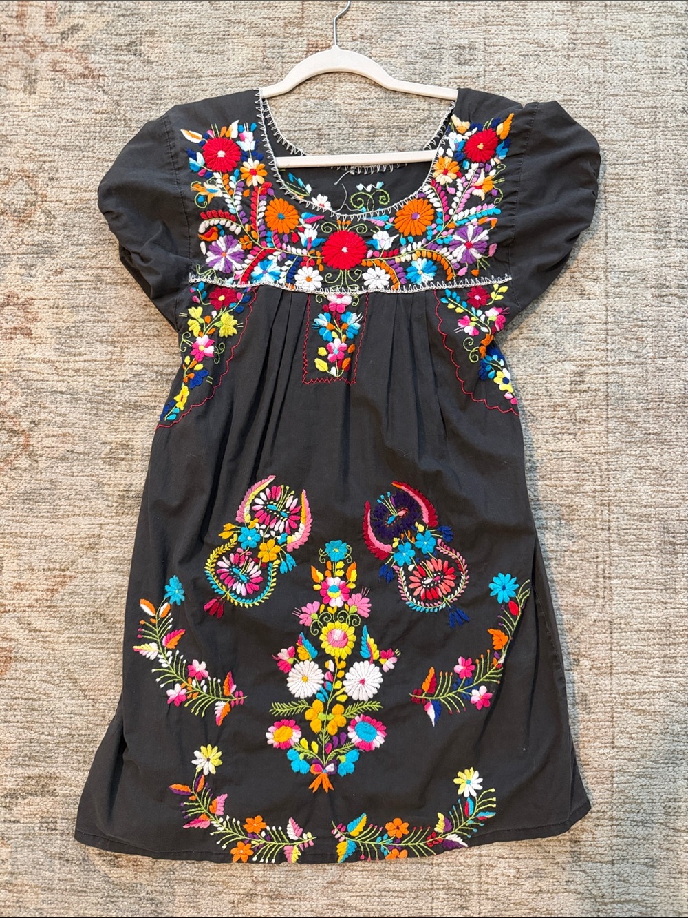 Vintage Black Mexican Mini Dress with Multicolor Floral hand Embroidery